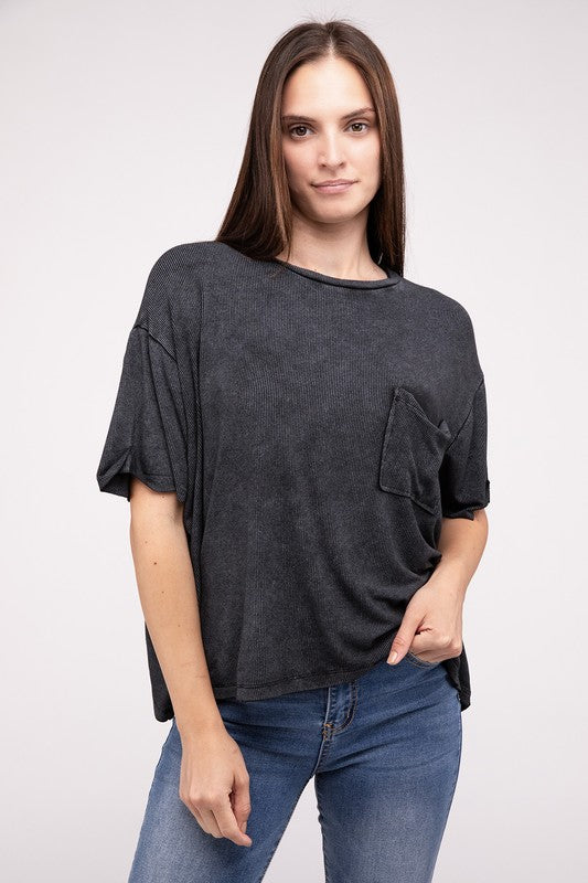 Washed Ribbed Cuffed Short Sleeve Round Neck Top - Zenana