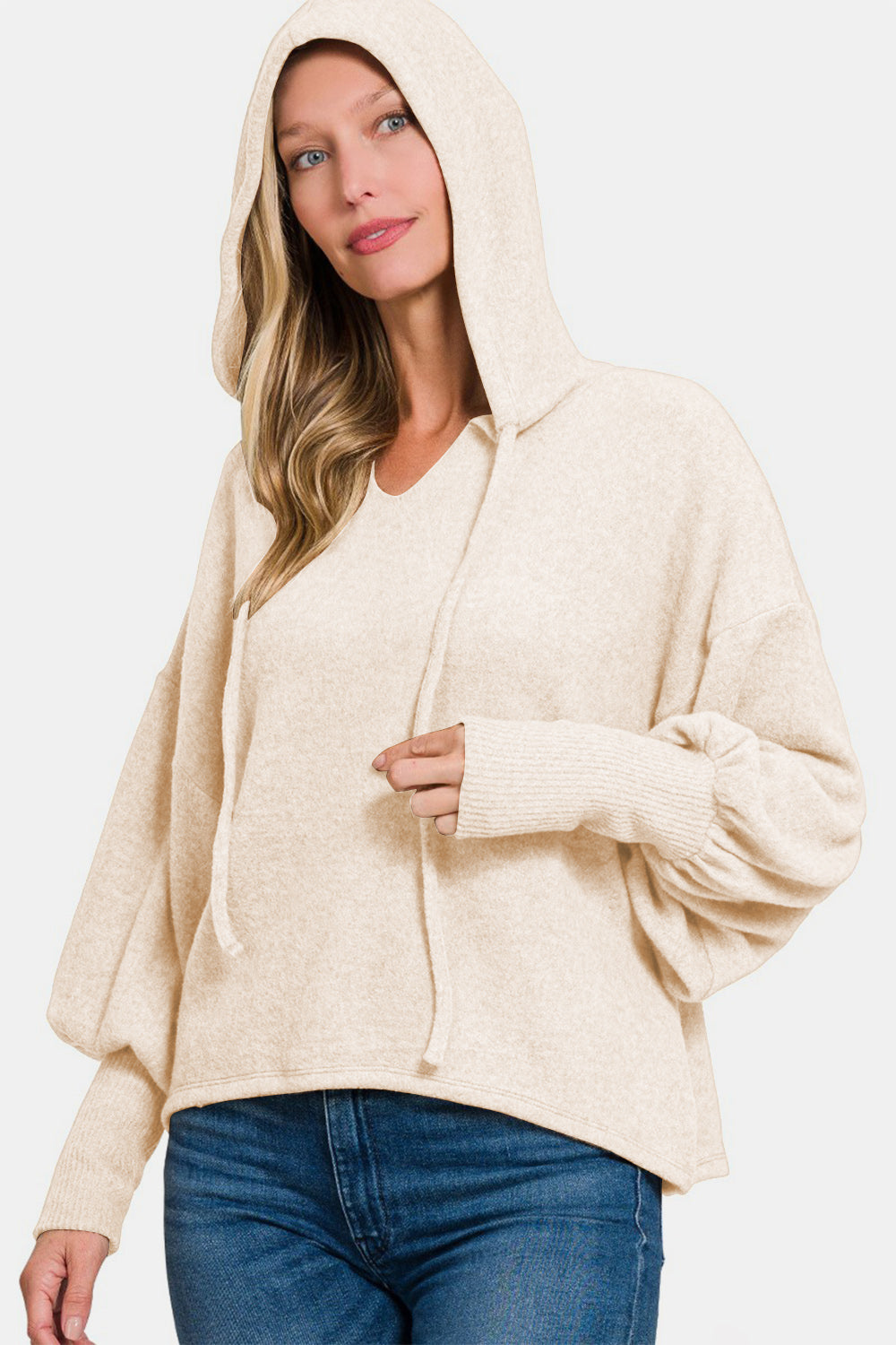 Zenana Brushed Hacci Drop Shoulder Cropped Hoodie - Sand Beige