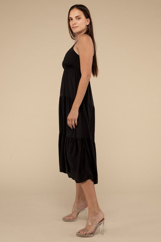 Woven Sweetheart Neckline Tiered Cami Midi Dress - Zenana