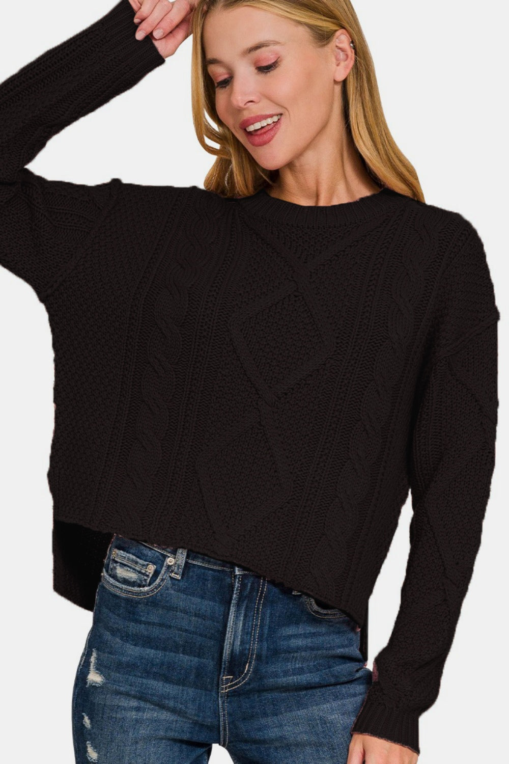 Zenana Cropped High Low Cable Sweater with Side Slits - Black