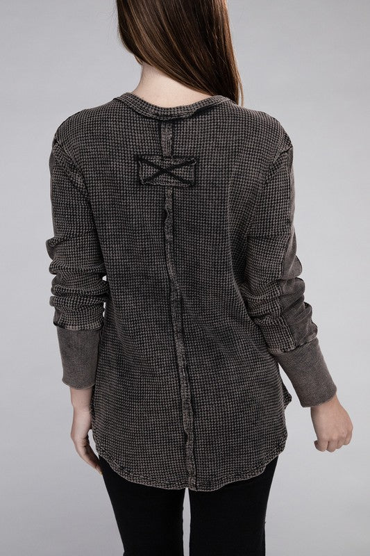 Washed Baby Waffle Long Sleeve Top - Zenana