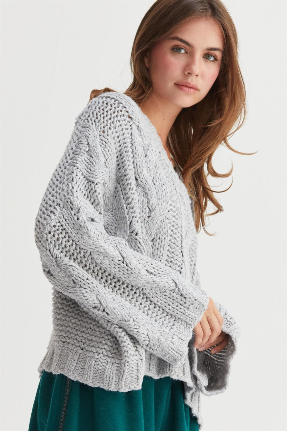 HYFVE Cable Knit V-Neck Sweater - Gray