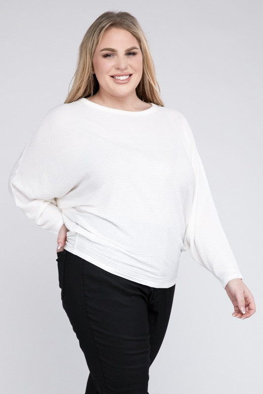 Plus Ribbed Batwing Long Sleeve Boat Neck Sweater - Zenana