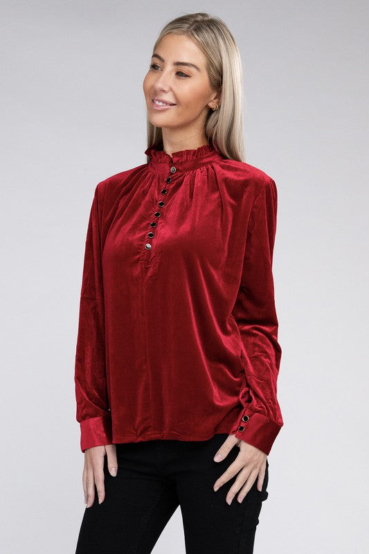 Frill Notched Neckline Velvet Blouse - Nuvi Apparel
