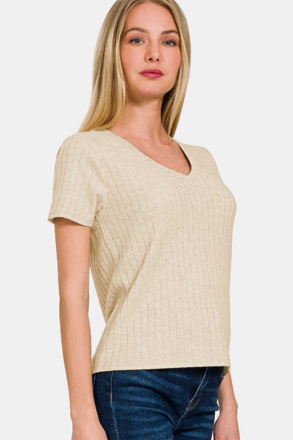 Zenana Ribbed Short Sleeve T-Shirt - Sand beige