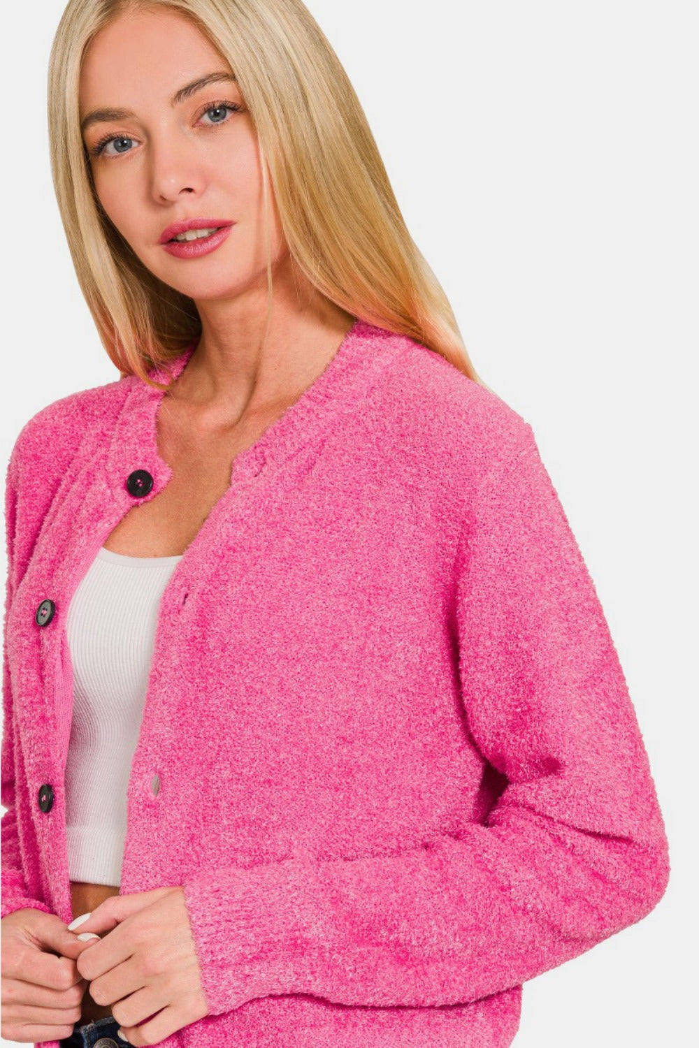 Zenana Button Down Long Sleeve Sweater Cardigan - Fuchsia