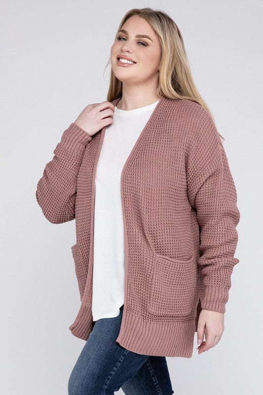 Plus Low Gauge Waffle Open Cardigan Sweater - Zenana