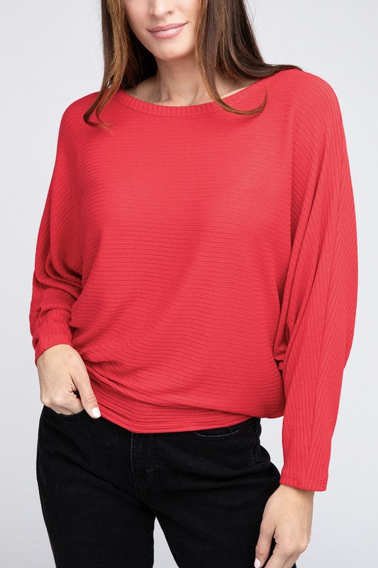 Ribbed Batwing Long Sleeve Boat Neck Sweater - Zenana
