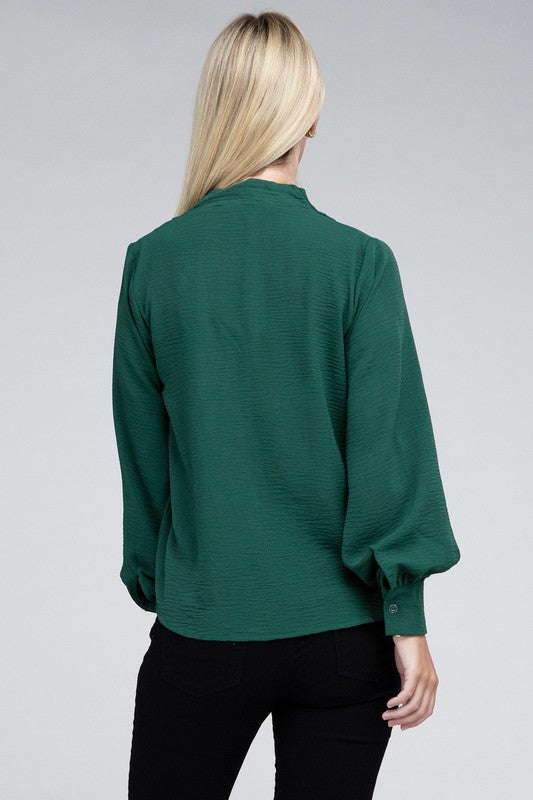 Woven Airflow V-Neck Long Sleeve Top - Zenana