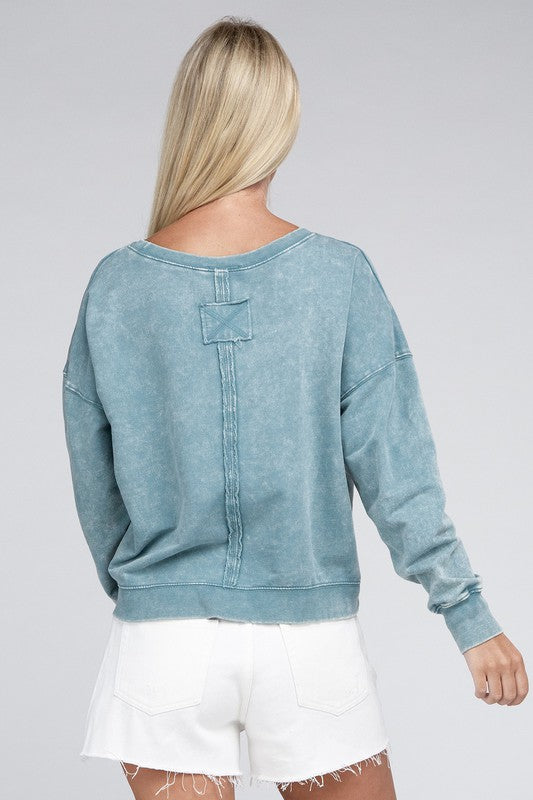 French Terry Acid Wash Boat Neck Pullover - Zenana