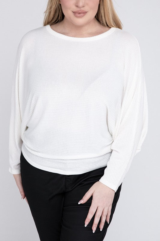 Plus Ribbed Batwing Long Sleeve Boat Neck Sweater - Zenana