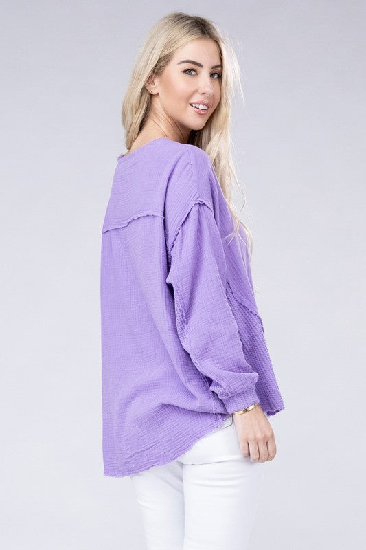 Double Gauze Oversized 3/4 Button Henley Neck Top - Zenana