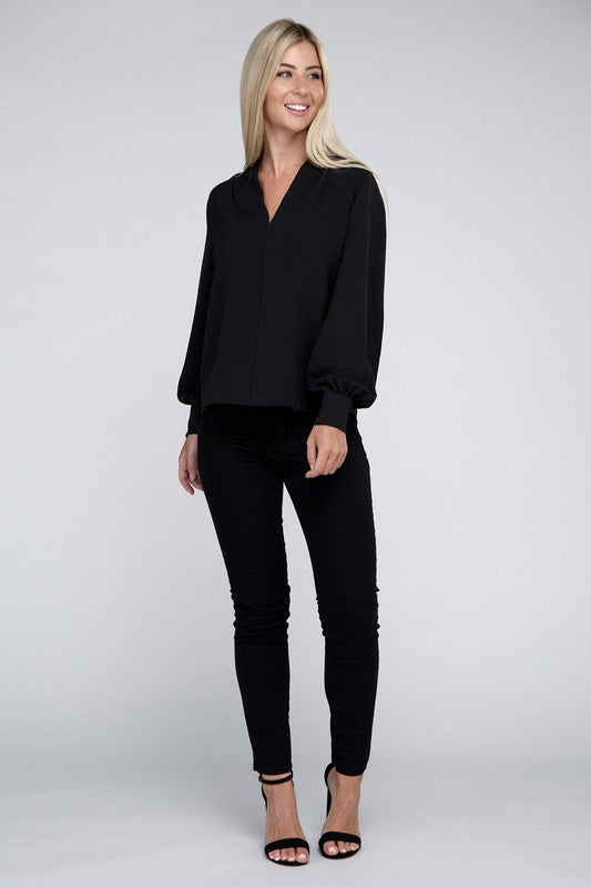 Woven Airflow V-Neck Long Sleeve Top - Zenana