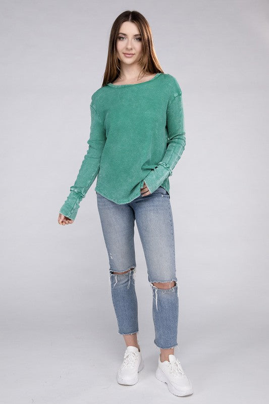 Washed Baby Waffle Long Sleeve Top - Zenana