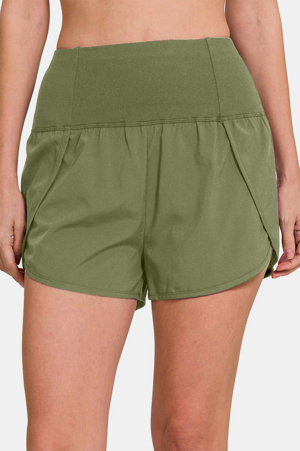 Zenana High-Waisted Zippered Back Pocket Active Shorts - Lt Olive