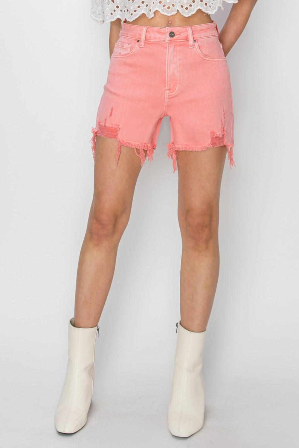 RISEN High Rise Distressed Denim Shorts - Flamingo