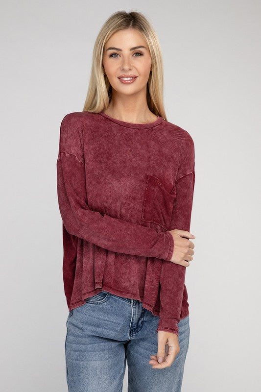 Washed Ribbed Dolman Sleeve Round Neck Top - Zenana