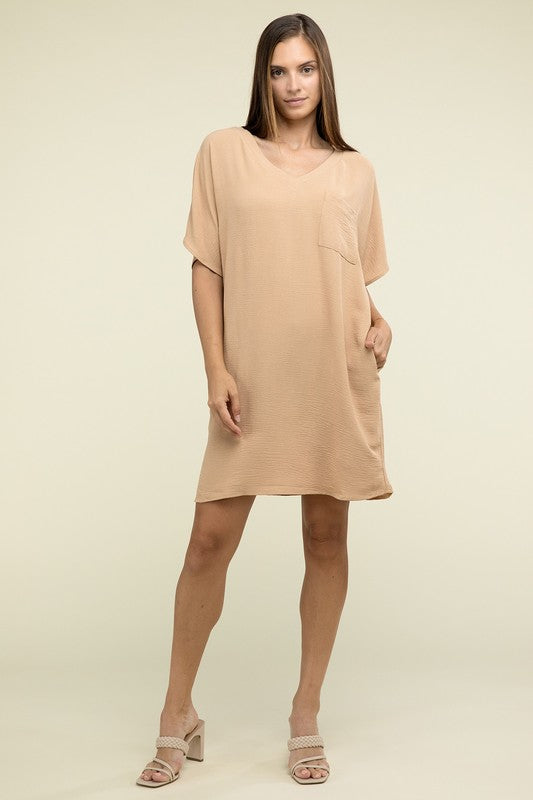 Woven Airflow V Neck T-Shirt Dress with Pockets - Zenana