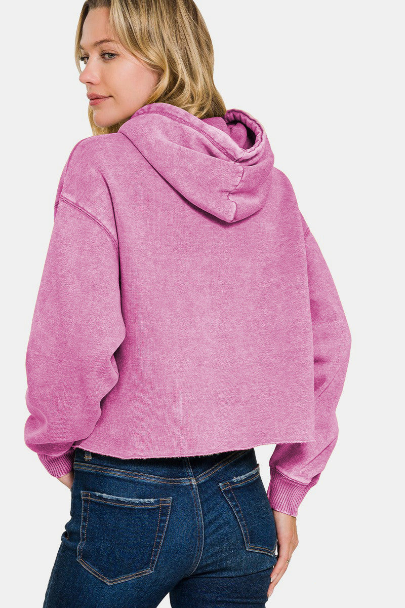Zenana Acid Wash Fleece Cropped Hoodie - Mauve