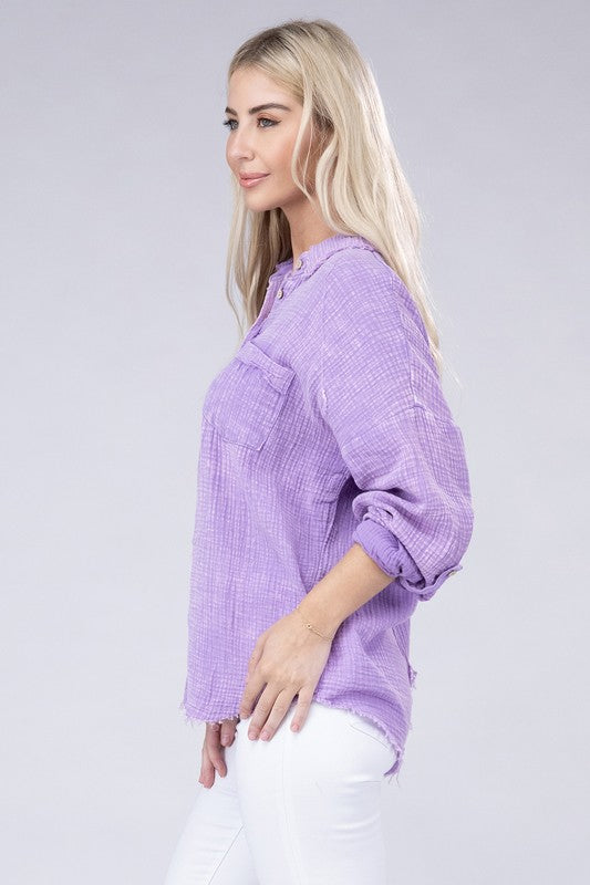 Washed Double Gauze Button Down Shirt - Zenana