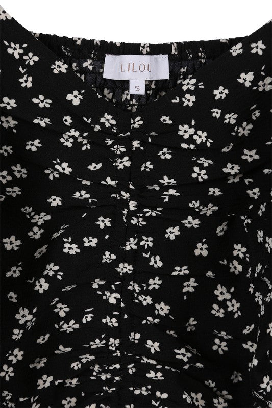 Ruched Floral Print Crop Top With Puff Sleeves - Lilou