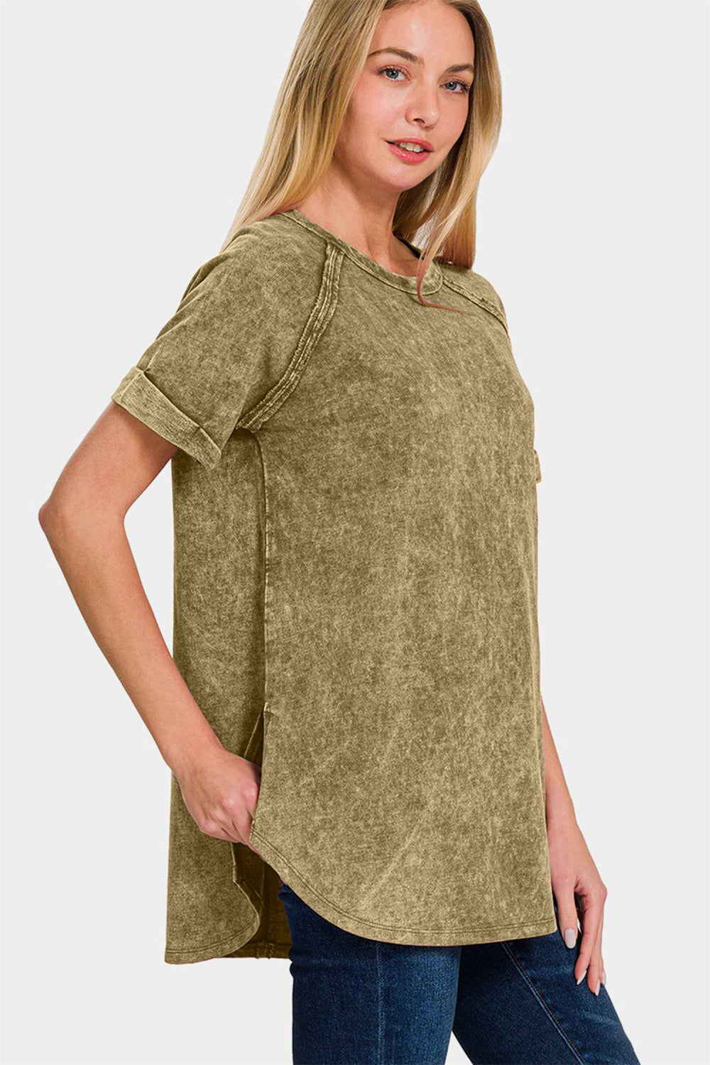 Zenana Heathered Round Neck Short Sleeve Top - Mocha