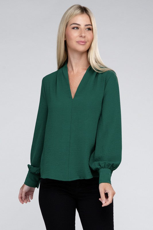 Woven Airflow V-Neck Long Sleeve Top - Zenana