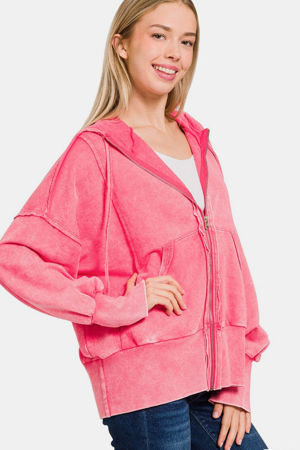 Zenana Acid Washed French Terry Zip-Up Hoodie with Pockets - Fuchsia