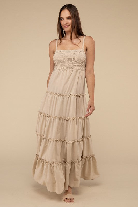 Woven Smocked Top Tiered Cami Maxi Dress - Zenana