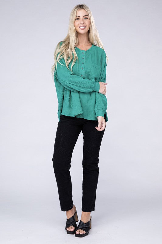 Double Gauze Oversized 3/4 Button Henley Neck Top - Zenana