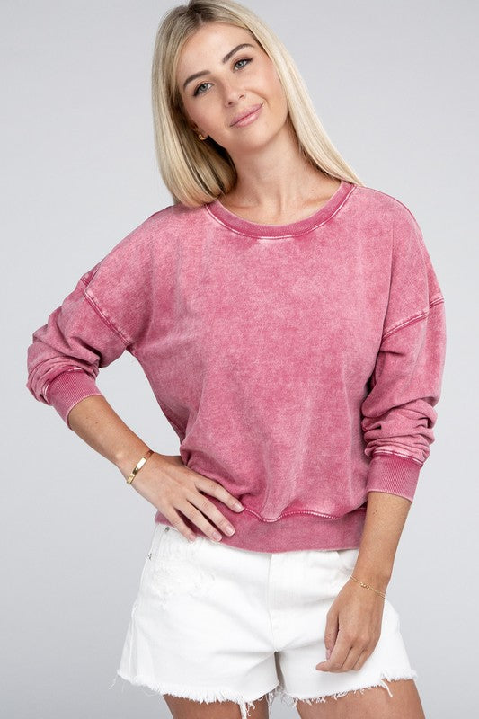 French Terry Acid Wash Boat Neck Pullover - Zenana