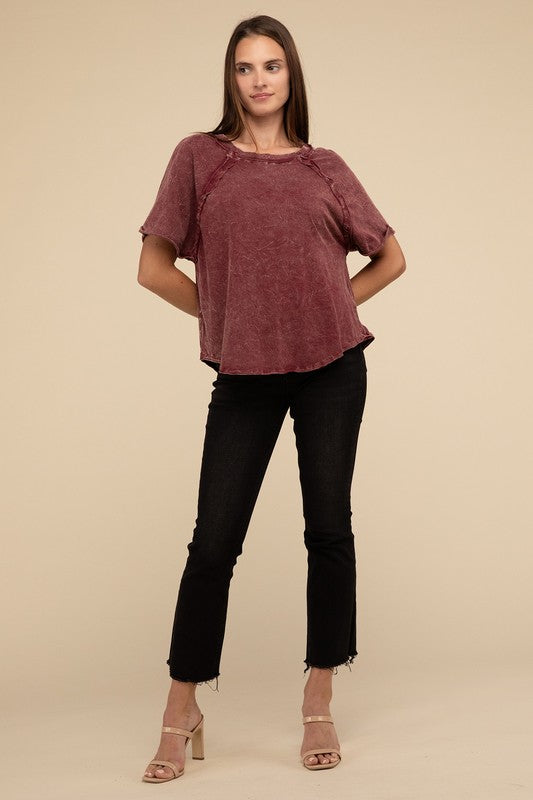 Back Patch Crinkle Washed Raglan Sleeve T-Shirt - Zenana