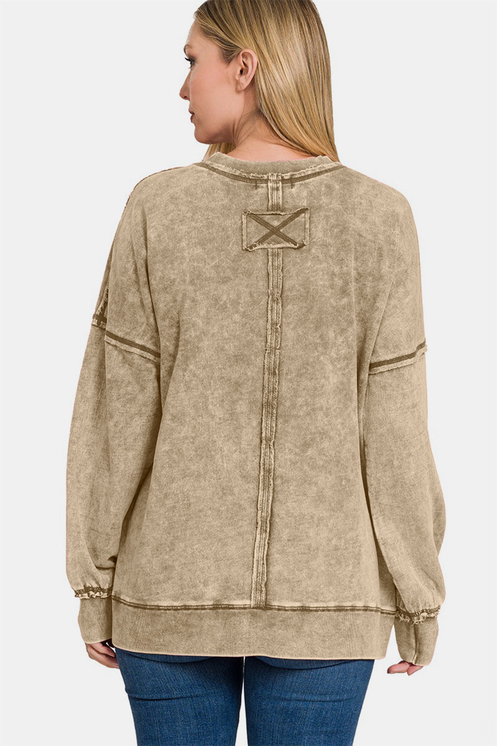 Zenana Exposed Seam Round Neck Dropped Shoulder Sweatshirt - Mocha