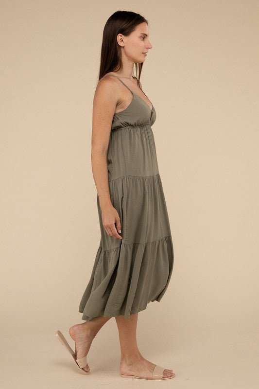 Woven Sweetheart Neckline Tiered Cami Midi Dress - Zenana