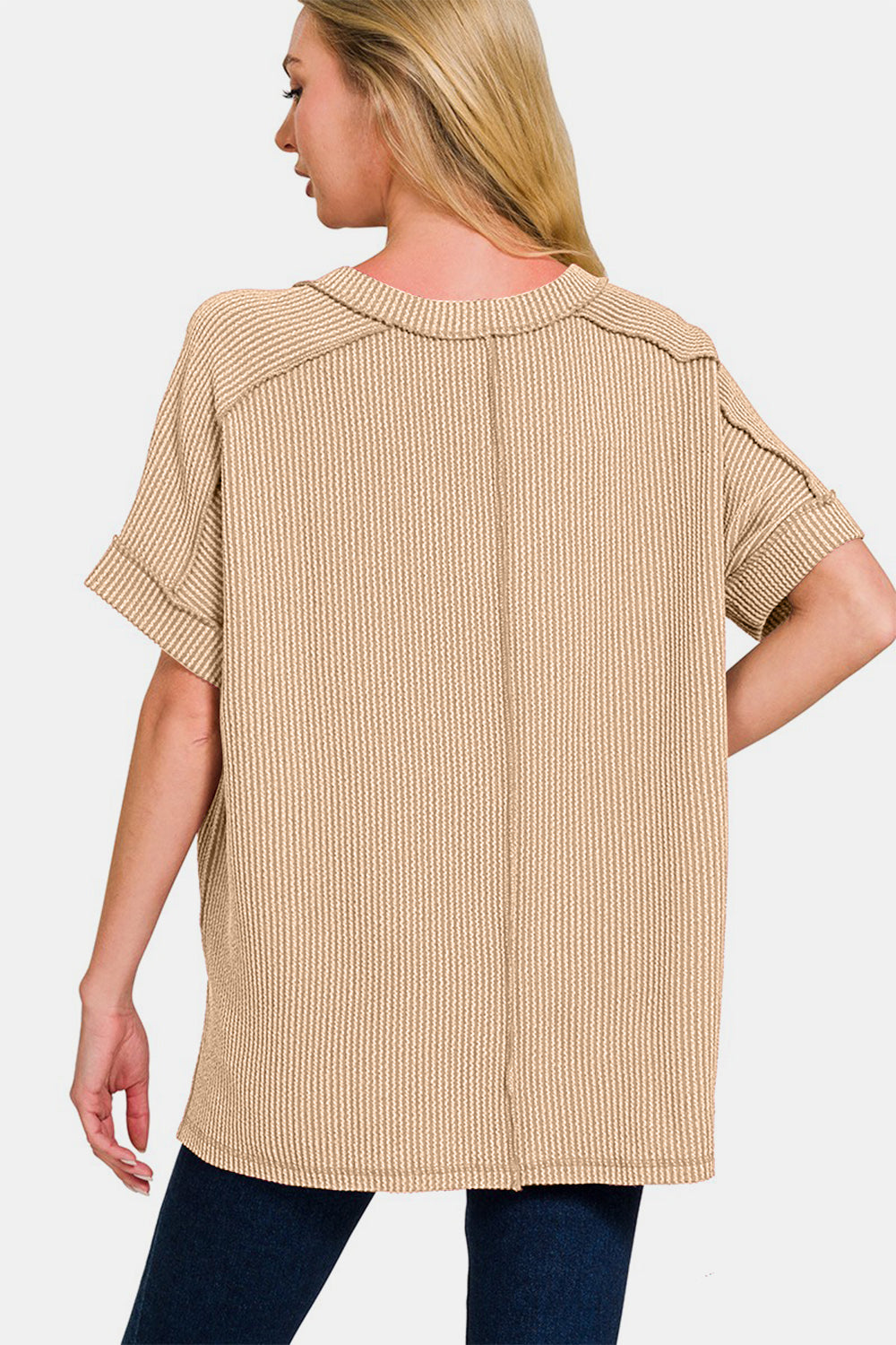Zenana Corded Rib Short Sleeve High-Low T-Shirt - Mocha