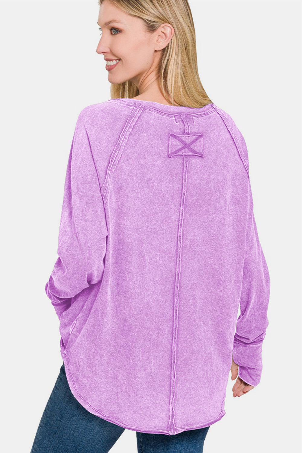 Zenana Round Neck Thumbhole Long Sleeve T-Shirt - Lavender