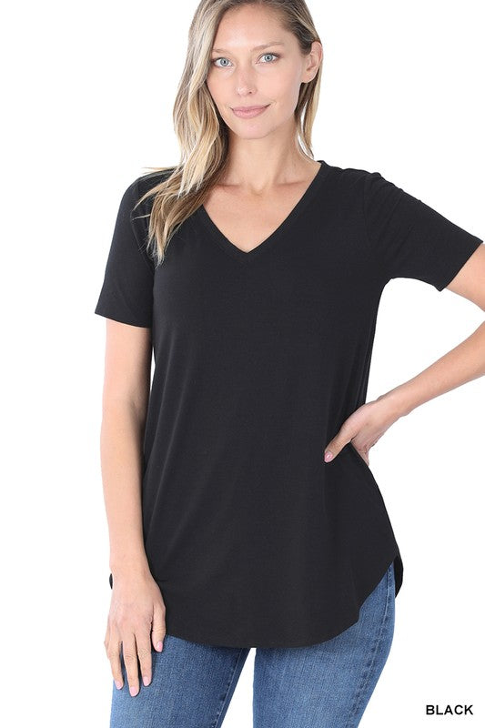 Short Sleeve V-Neck Round Hem Top - Zenana