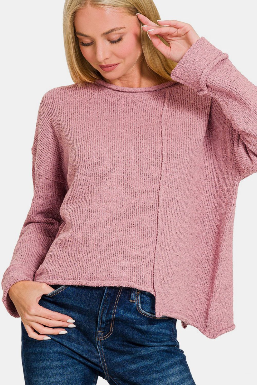 Zenana Asymmetric Hem Drop Shoulder Sweater - Rose