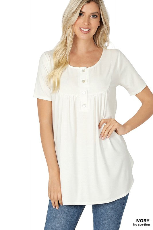 Short Sleeve Dolphin Hem Shell Button Top - Zenana