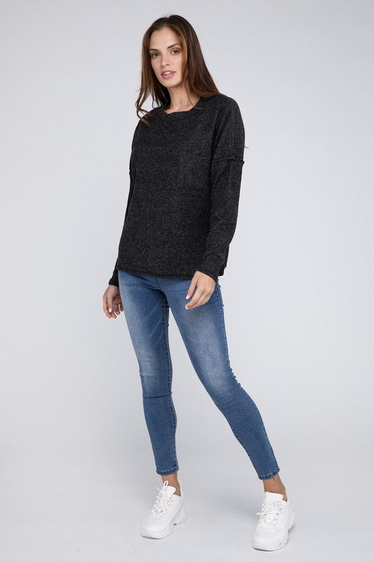 Ribbed Brushed Melange Hacci Sweater with a Pocket - Zenana