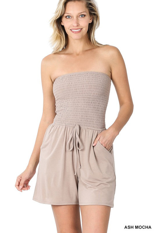 Smocked Tube Romper with Pockets - Zenana