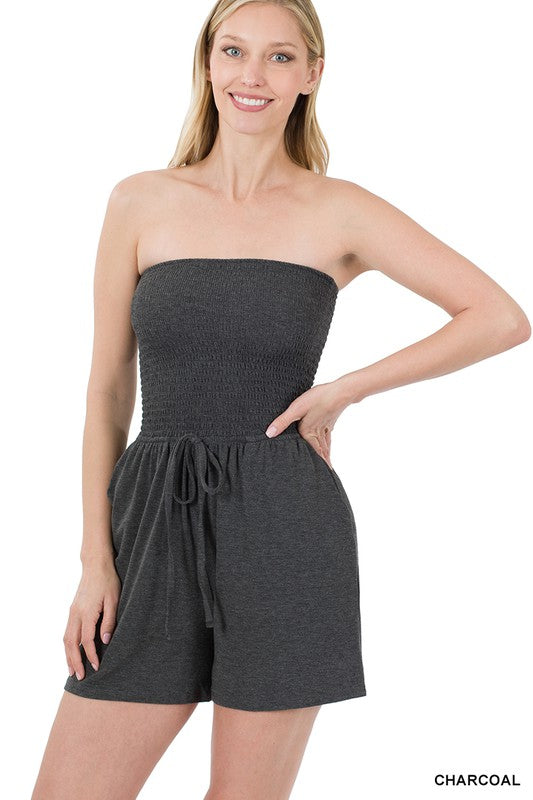 Smocked Tube Romper with Pockets - Zenana