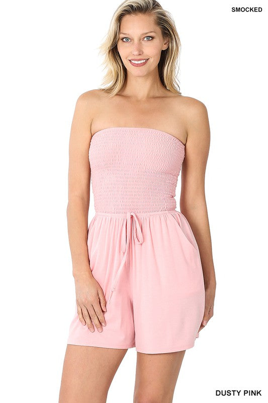 Smocked Tube Romper with Pockets - Zenana