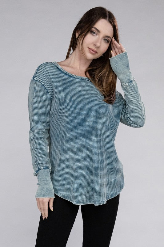 Washed Baby Waffle Long Sleeve Top - Zenana