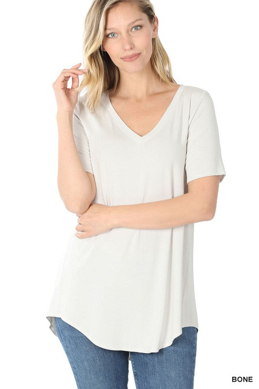 Luxe Rayon Short Sleeve V-Neck Hi-Low Hem Top - Zenana