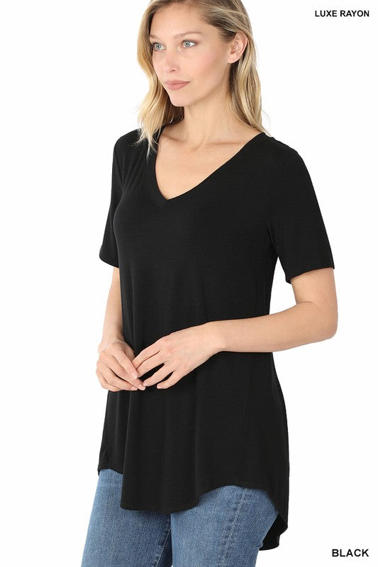 Luxe Rayon Short Sleeve V-Neck Hi-Low Hem Top - Zenana