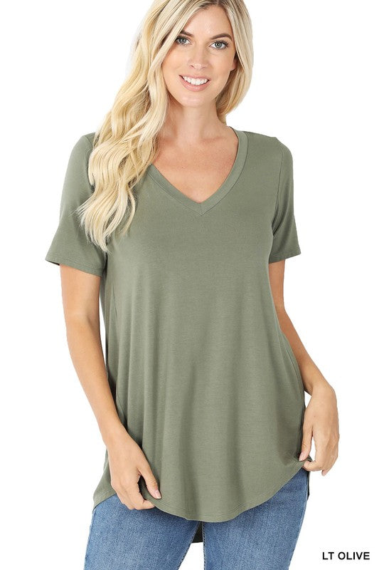 Luxe Rayon Short Sleeve V-Neck Hi-Low Hem Top - Zenana