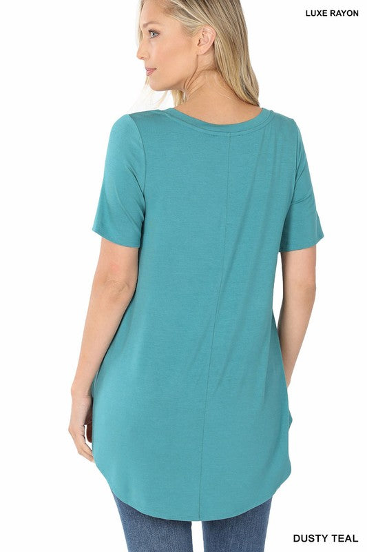 Luxe Rayon Short Sleeve V-Neck Hi-Low Hem Top - Zenana
