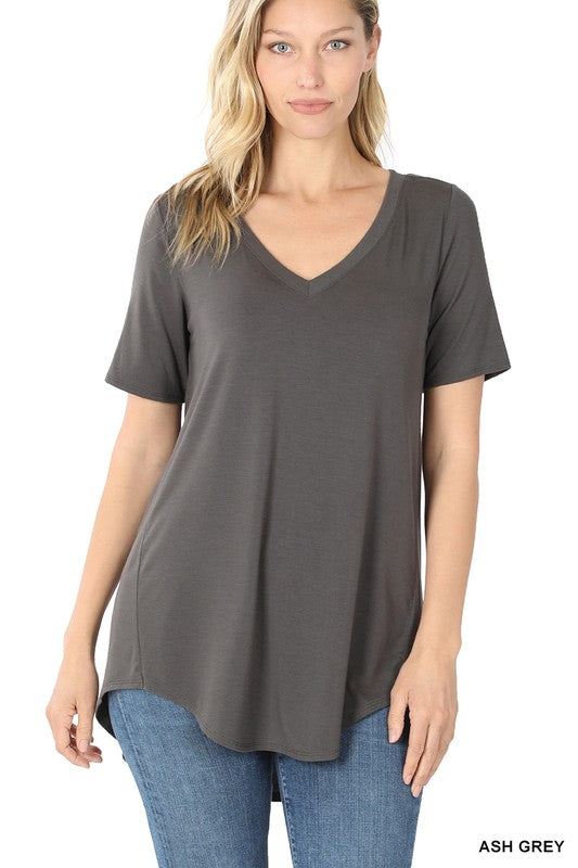 Luxe Rayon Short Sleeve V-Neck Hi-Low Hem Top - Zenana
