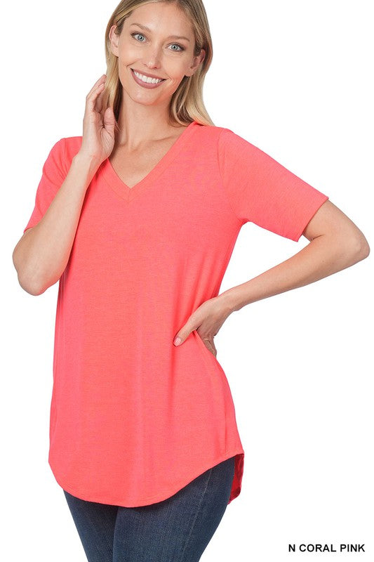 Luxe Rayon Short Sleeve V-Neck Hi-Low Hem Top - Zenana